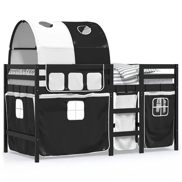 vidaXL laste k&otilde;rge voodi tunneliga, valge/must, 90x190 cm, m&auml;nnipuit