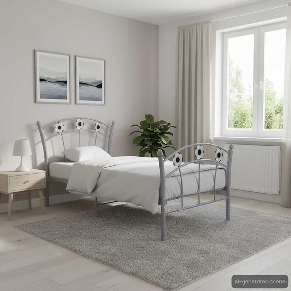 vidaXL voodiraam jalgpalli disainiga, hall, metall, 90 x 200 cm