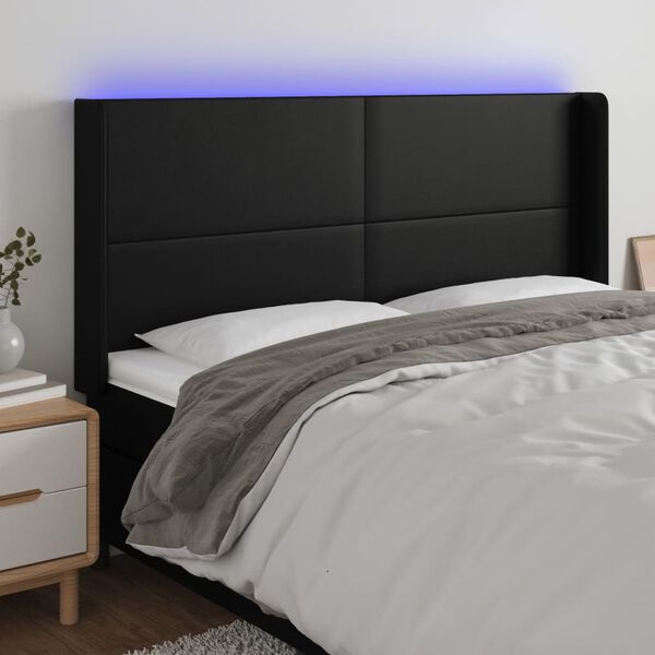 vidaXL LED-voodipeats, must, 163x16x118/128 cm, kunstnahk