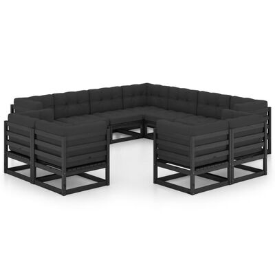 vidaXL 11-osaline aiamööbli komplekt istmepatjadega, must männipuit