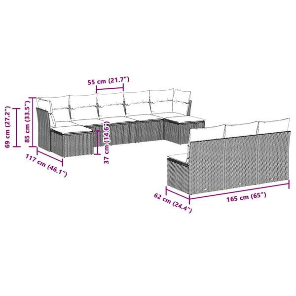 vidaXL 10-osaline aiadiivani komplekt patjadega, helehall, polürotang