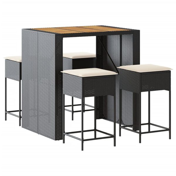 vidaXL 5-osaline aia baarikomplekt istmepatjadega, must, pol&uuml;rotang