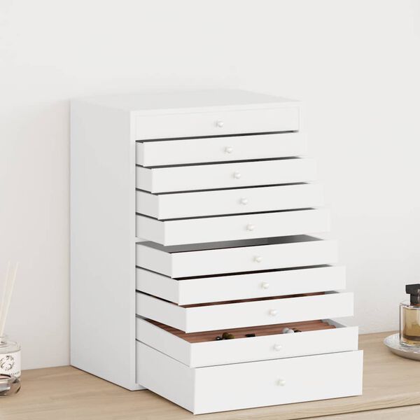 vidaXL ehtekarp 10-kihiline kellahoidjatega, valge, 29 x 20,5 x 40,5 cm