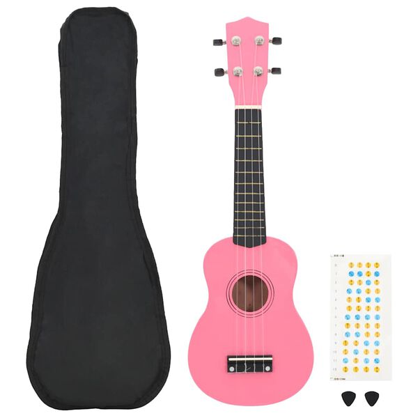 vidaXL sopran ukulele komplekt kotiga lastele roosa 23"