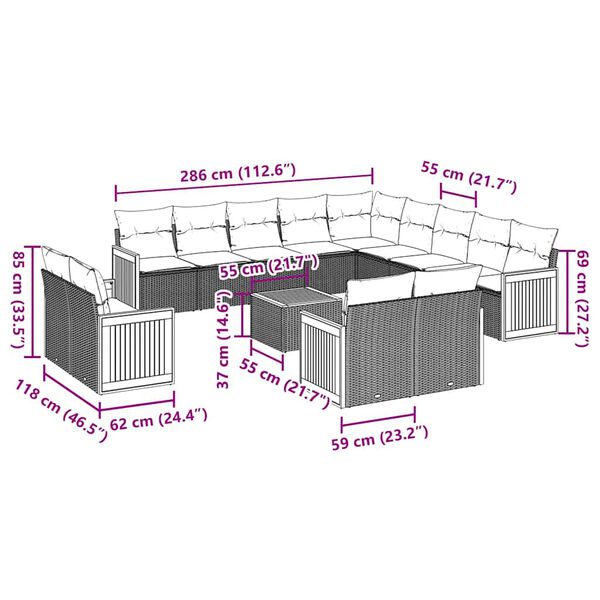 vidaXL 14-osaline aiadiivani komplekt patjadega, must, pol&uuml;rotang