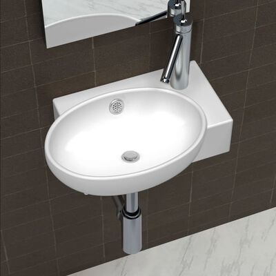 vidaXL keraamiline valamu kraani- ja ülevooluavaga vannituppa, valge