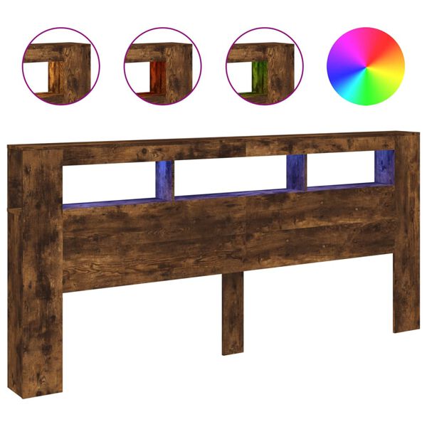 vidaXL voodipeats LEDiga suitsutatud tamm 220x18,5x103,5 cm tehispuit