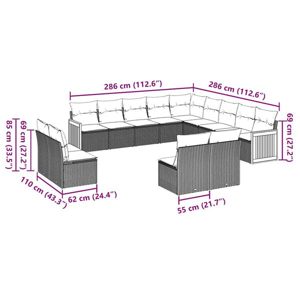 vidaXL 13-osaline aiadiivani komplekt patjadega, must, polürotang