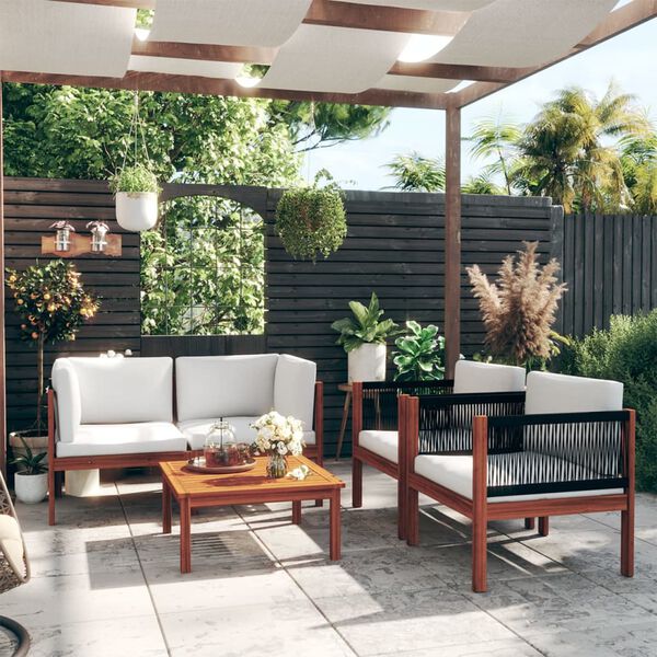 vidaXL 5-osaline aiamööblikomplekt patjadega, kreemikaspuidust, akaatsia ja köis