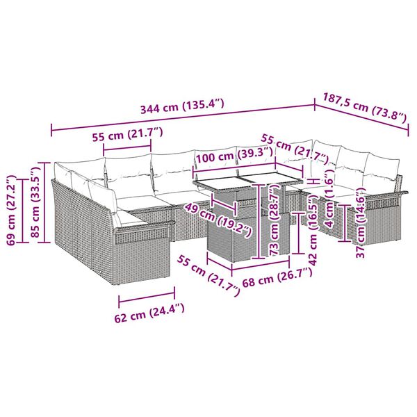 vidaXL Aia Diivanikomplekt padjaga padjaga 11 pcs Beež Pol&uuml; Rattan