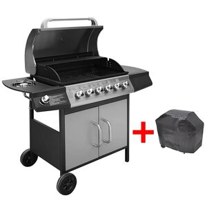 vidaXL gaasigrill 6 + 1 k&uuml;psetustsooniga, must ja h&otilde;bedane