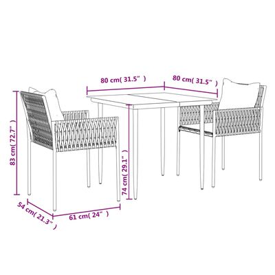 vidaXL 3-osaline aia söögimööbli komplekt istmepatjadega, rotang/teras