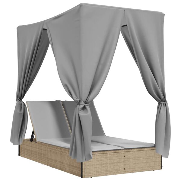 vidaXL kahekohaline p&auml;evitustool katuse ja kardinatega, beež, rotang