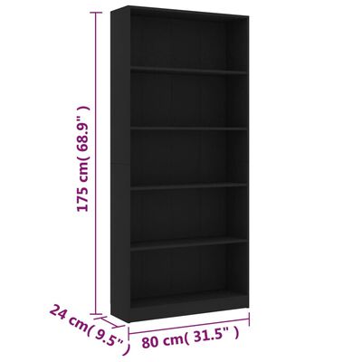 vidaXL 5-korruseline raamaturiiul must 80x24x175 cm, puitlaastplaat