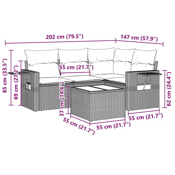 vidaXL 5-osaline aiam&ouml;&ouml;blikomplekt patjadega, helehall, pol&uuml;rotang