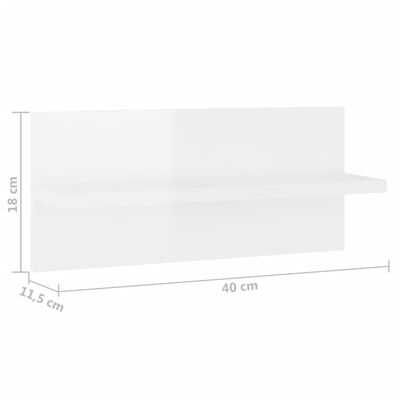 vidaXL seinariiulid 2 tk, kõrgläikega valge, 40x11.5x18 cm