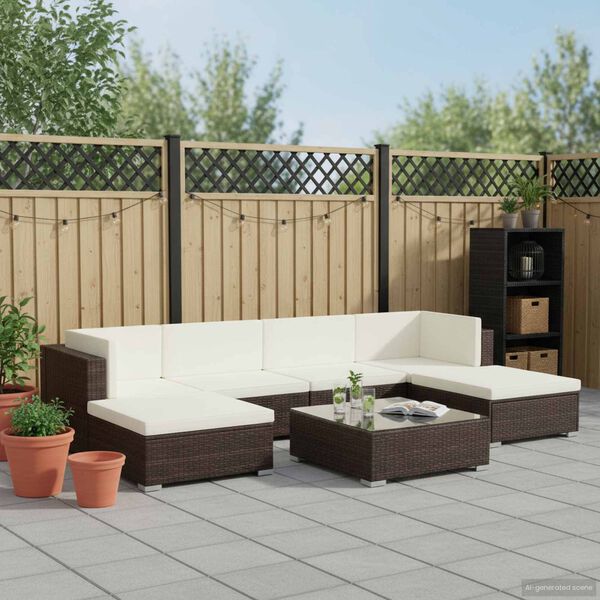 vidaXL 7-osaline aiamööblikomplekt patjadega, polürotang, pruun