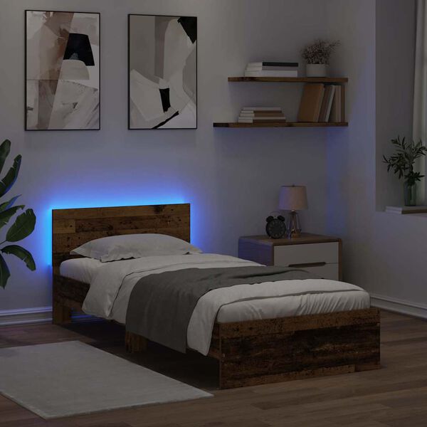 vidaXL Voodi raam LED -ribatuledega Vana puit 90 x 200 cm Tehispuit