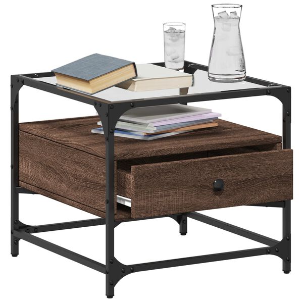 vidaXL kohvilaud klaasplaadiga, pruun tamm, 50x50x45 cm, teras