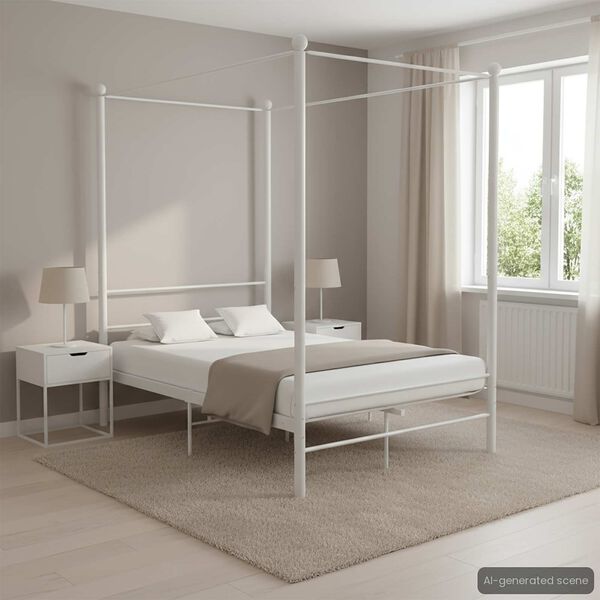 vidaXL baldahhiiniga voodiraam, valge, metall, 120 x 200 cm