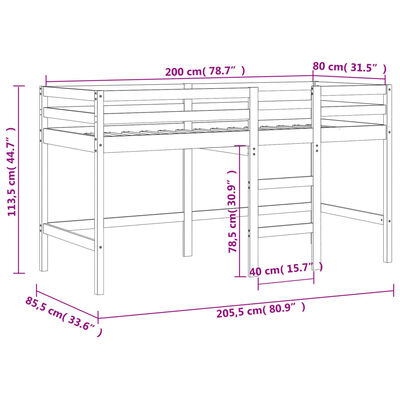 vidaXL laste kõrge voodi redeliga, valge, 80 x 200 cm, männipuit