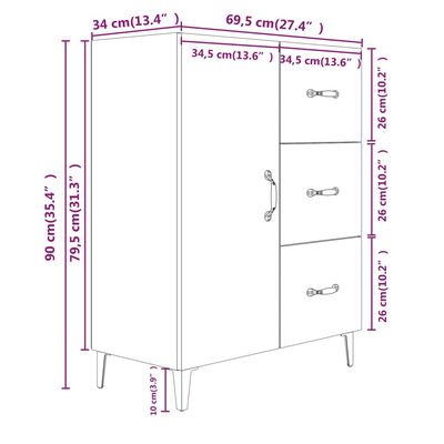 vidaXL puhvetkapp, suitsutatud tamm, 69,5 x 34 x 90 cm, tehispuit