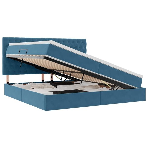 vidaXL Voodi hoiukohaga ja madratsiga Tumesinine 200 x 200 cm Samet