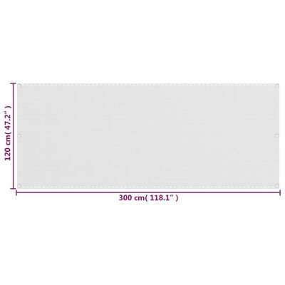 vidaXL rõdusirm, valge, 120 x 300 cm, HDPE