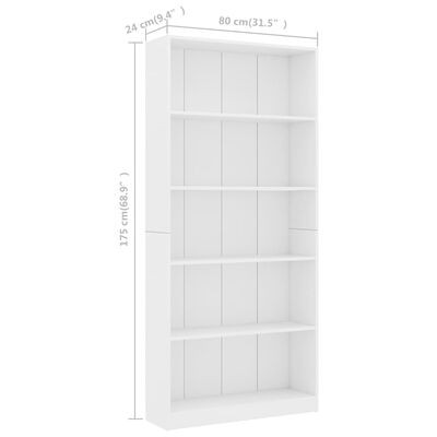 vidaXL 5-korruseline raamaturiiul valge 80x24x175 cm, puitlaastplaat