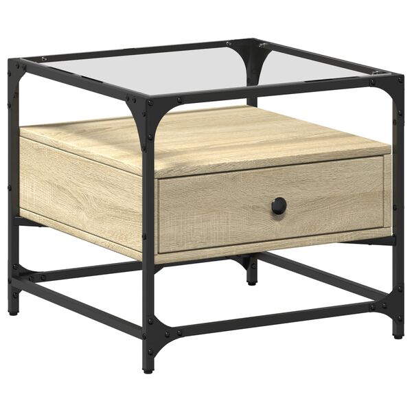 vidaXL kohvilaud klaasplaadiga, Sonoma tamm, 50x50x45 cm, teras