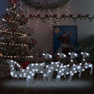 vidaXL põhjapõder saaniga, jõulukaunistus, 100 LEDi, õue, hõbedane