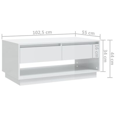 vidaXL kohvilaud, kõrgläikega valge, 102,5x55x44 cm, puitlaastplaat