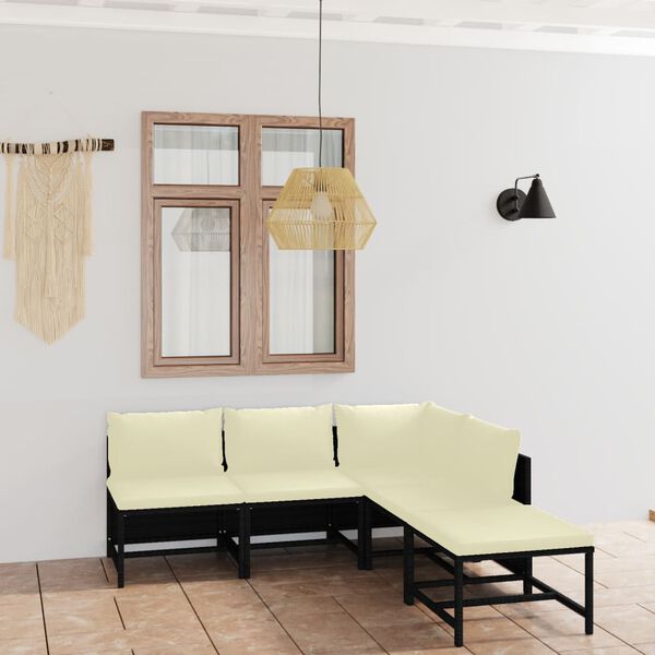 vidaXL 5-osaline aiam&ouml;&ouml;blikomplekt patjadega, pol&uuml;rotang, must