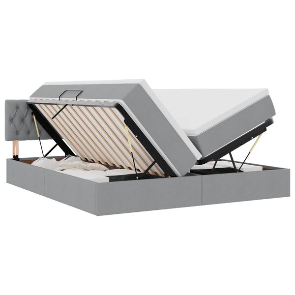 vidaXL Voodi LED -ribatuledega peaga Helehall 200 x 200 cm kangas