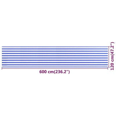 vidaXL rõdusirm, sinine ja valge, 120 x 600 cm, HDPE