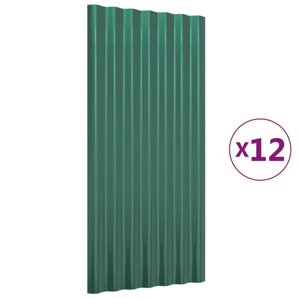 vidaXL katusepaneelid 12 tk, galvaniseeritud teras, roheline, 80x36 cm