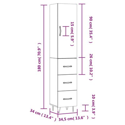 vidaXL kõrge kapp, kõrgläikega valge, 34,5x34x180 cm, tehispuit