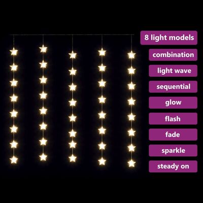 vidaXL LED-valguskardin tähtedega, 200 LEDi, soe valge, 8 funktsiooni