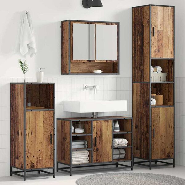 vidaXL Vannitoa m&ouml;&ouml;bleset riiuliga uksega 3 pcs Vana puit Tehispuit