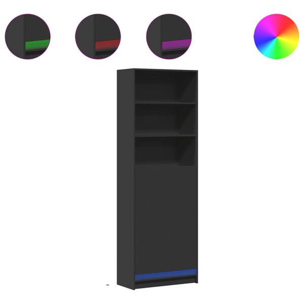 vidaXL kõrge kapp LEDiga, must, 69x32,5x200 cm, tehispuit