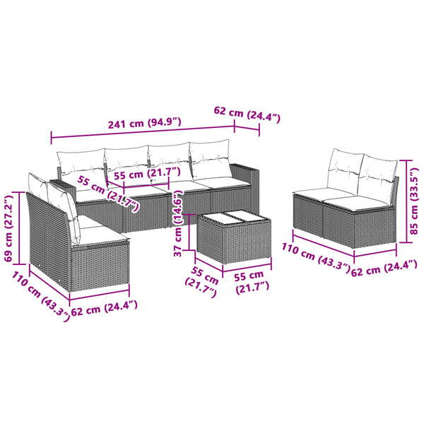 vidaXL 9-osaline aiadiivani komplekt patjadega, helehall, polürotang