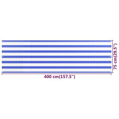 vidaXL rõdusirm, sinine ja valge, 75 x 400 cm, HDPE