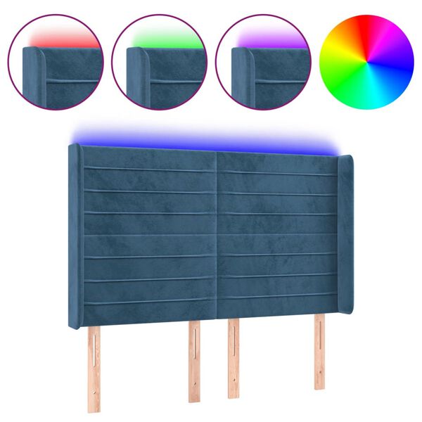 vidaXL LED-voodipeats, tumesinine, 147x16x118/128 cm, samet