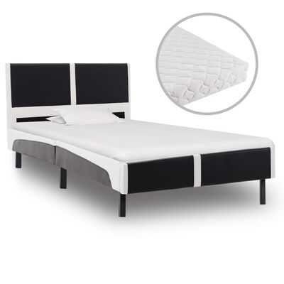 vidaXL voodi madratsiga, must ja valge, kunstnahast, 90 x 200 cm