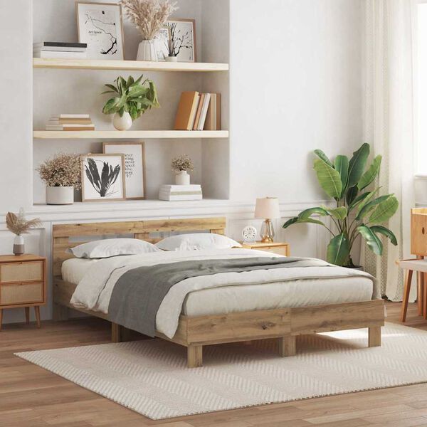 vidaXL Voodi raam LEDiga peaga K&auml;sit&ouml;&ouml;puu 140 x 190 cm Tehispuit