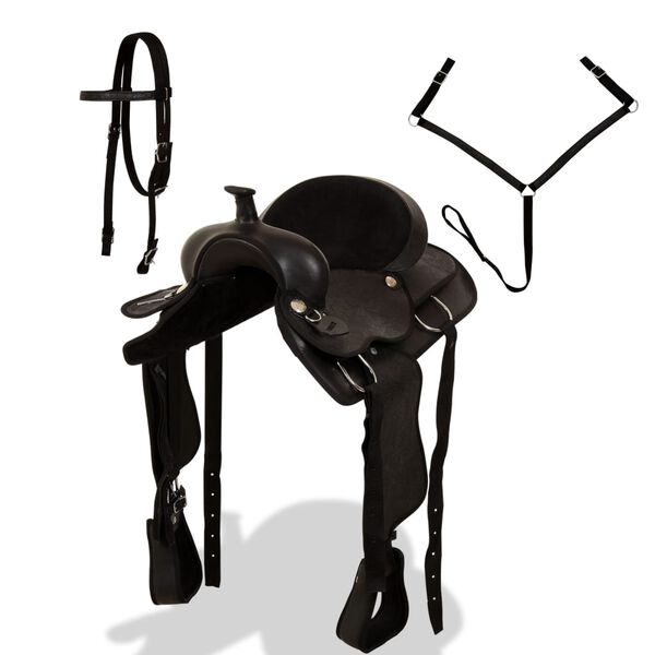 vidaXL vesternsadul, valjad ja rinnarihm, nahast 38,1 cm, must
