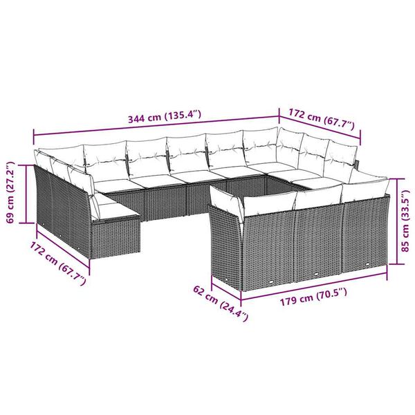 vidaXL 13-osaline aiadiivani komplekt patjadega, helehall, polürotang