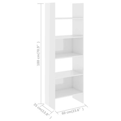 vidaXL raamaturiiul kõrgläikega, valge 60 x 35 x 180 cm puitlaastplaat