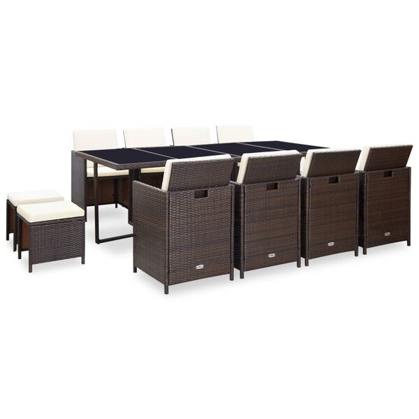 vidaXL 13-osaline aiamööblikomplekt patjadega, polürotang, pruun
