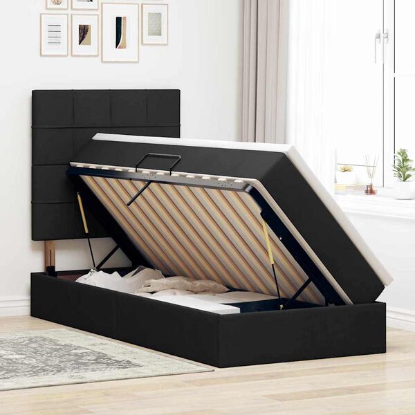 vidaXL Voodi hoiukohaga ja madratsiga peaga Must 90 x 200 cm Pol&uuml;ester